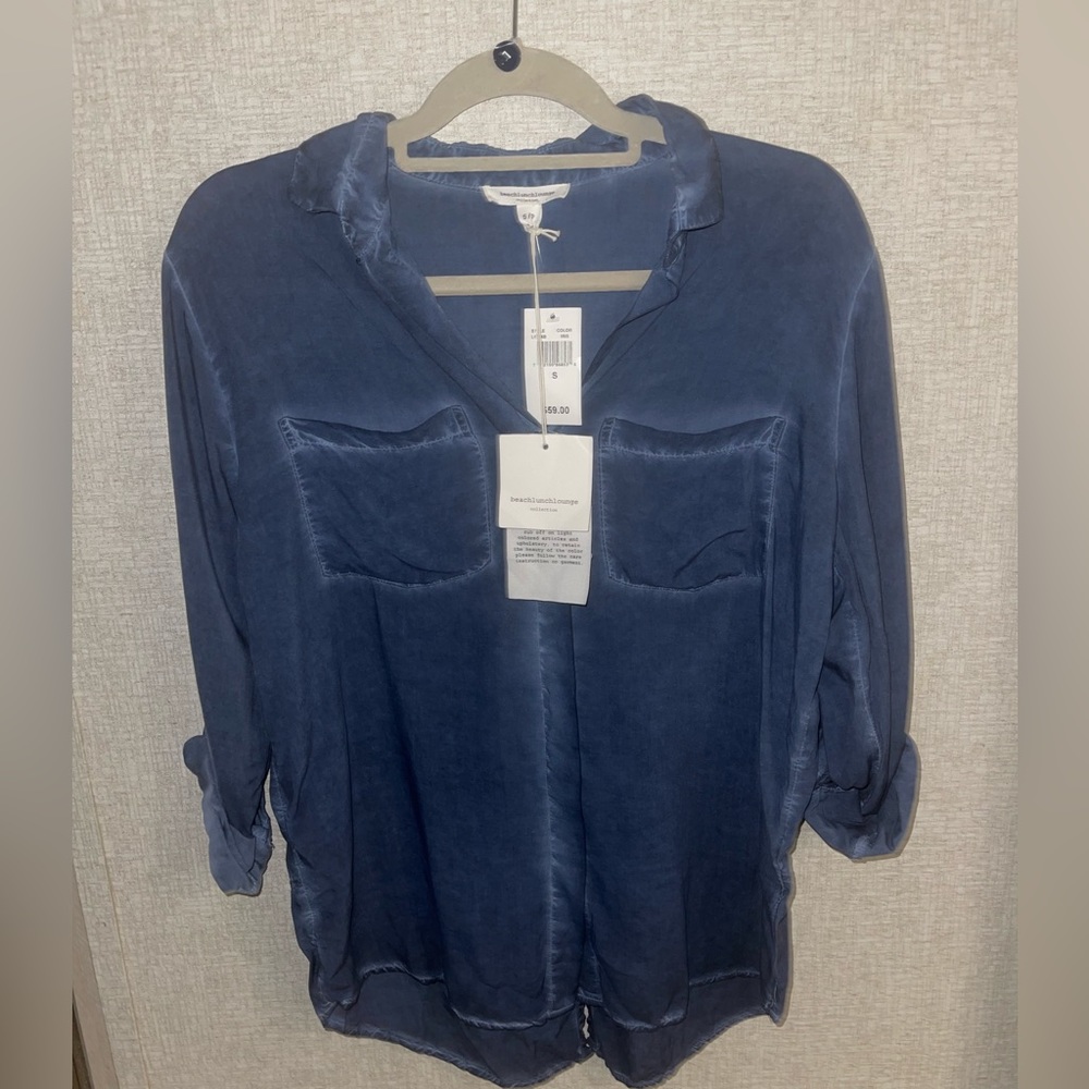 NWT Beach Lunch Lounge Collection Blue Button Up Dress Shirt -Women's Small